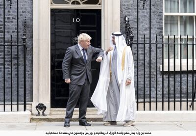 Sheikh Mohamed bin Zayed, Crown Prince of Abu Dhabi and Deputy Supreme Commander of the Armed Forces, greets Boris Johnson at 10 Downing Street, London. Photo: Wam