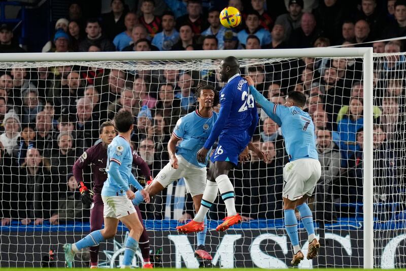 Chelsea's Kalidou Koulibaly heads the ball. AP