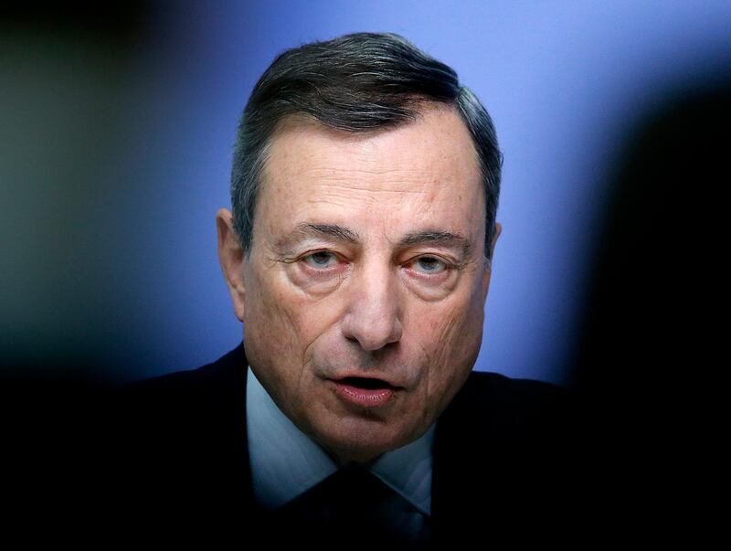 FILE - In this Thursday, Dec. 14, 2017 file photo, President of the European Central Bank Mario Draghi speaks during a news conference in Frankfurt, Germany. Europe is preparing to find successors for many of its most powerful economic officials, including the influential head of the European Central Bank. Those chosen will make key calls affecting the jobs, savings and pay of 340 million people living in the 19 countries that share the euro. (AP Photo/Michael Probst, file)