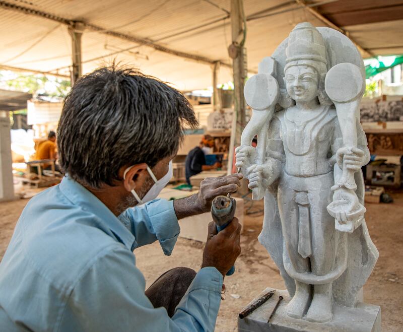 The work depicts Hindu deities and captures life in ancient times. Photo: Baps Hindu Mandir