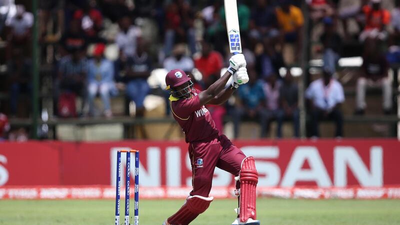 Rovman Powell in action during his century for the West Indies against Ireland on Saturday. Courtesy ICC