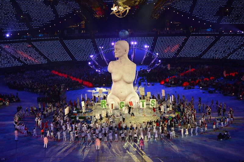 LONDON, ENGLAND - AUGUST 29: A large-scale replica of Marc Quinn's sculpture, 'Alison Lapper Pregnant', emerges from the book stage during the Opening Ceremony of the London 2012 Paralympics at the Olympic Stadium on August 29, 2012 in London, England. (Photo by Justin Setterfield/Getty Images) *** Local Caption ***  150988812.jpg