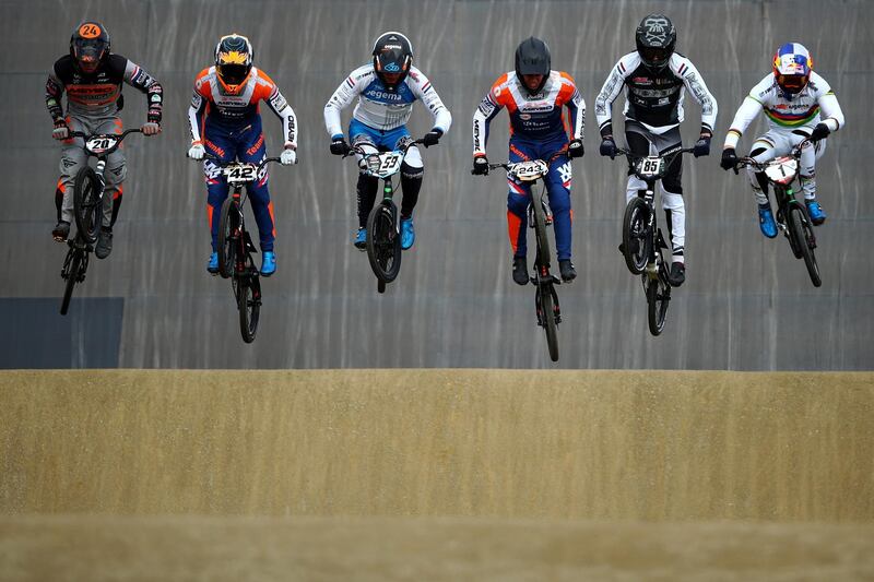 Left to right: Pieter Van Lankveld, Jay Schippers, Ynze Oegema, Justin Kimmann, Teun Kivit and Twan Van Gendt compete during the Dutch National BMX Championships at Olympic Training Centre Papendal in Arnhem, the Netherlands, on October 11. Getty