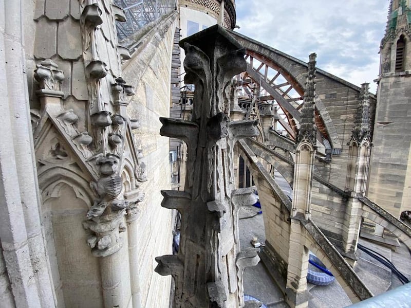 A detailed view of gargoyles and stone carvings at Notre Dame. ABC News