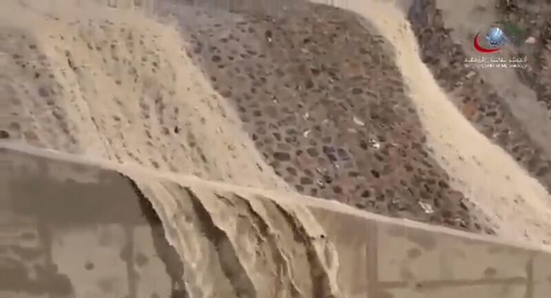 Water runs off a mountain face onto a road in Marbad, an area of Masafi in Ras Al Khaimah. Courtesy: National Centre of Meteorology