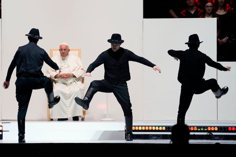 Pope Francis watches dancers at the Laszlo Papp Budapest Sports Arena in the Hungarian capital. AP