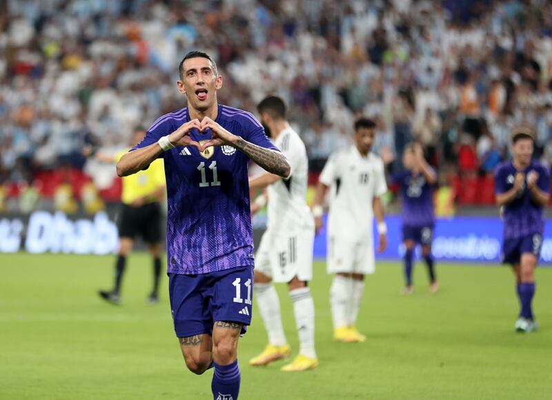 Angel Di Maria celebrates after scoring for Argentina in their 5-0 friendly win over the UAE in Abu Dhabi