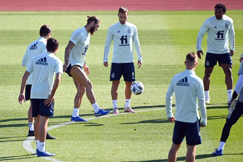 Sergio Ramos attends a training session with teammates at the Ciudad del Futbol in Las Rozas de Madrid on the eve of the UEFA Nations League football match between Spain and Switzerland. AFP