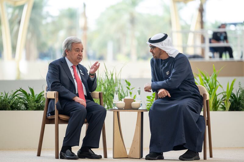 President Sheikh Mohamed speaks with Antonio Guterres, Secretary General of the United Nations. Rashed Al Mansoori / UAE Presidential Court 