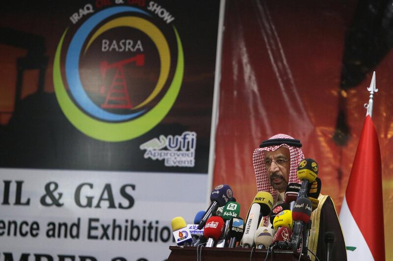 Saudi Arabia's energy Minister Khalid al-Falih speaks at an oil and gas conference in Basra, Iraq, December 4, 2017.  Picture taken December 4, 2017.  REUTERS/Essam Al-Sudani