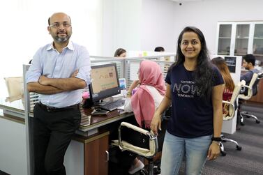 Vaibhav Doshi, founder and chief executive of online rental platform RentSher Middle East, with his wife and co-founder Purvashi Doshi at their office in Jumeirah Lakes Towers. Pawan Singh / The National