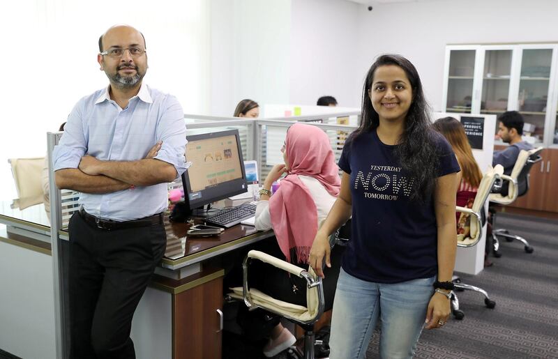 DUBAI , UNITED ARAB EMIRATES , April 15 – 2019 :- Vaibhav Doshi Founder and CEO with his wife and co-founder Purvashi Doshi of RentSher Middle East, a Dubai based online platform for rentals of products and services at their office in the Tiffany Tower in JLT in Dubai. ( Pawan Singh / The National ) For Business. Story by Nada El Sawy
