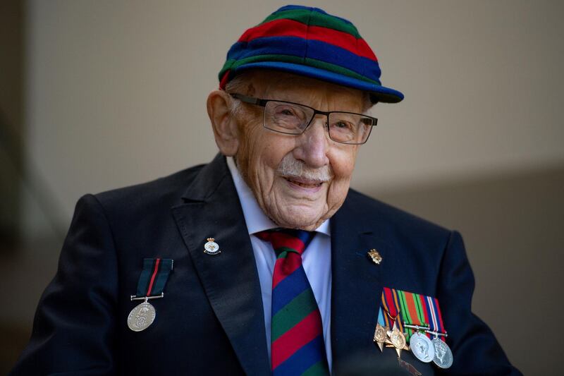 Captain Sir Tom Moore is pictured in Bedford, England. AP