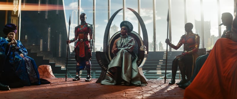 From left, Dorothy Steel as Merchant Tribe Elder, Florence Kasumba as Ayo, Angela Bassett as Ramonda and Danai Gurira as Okoye.