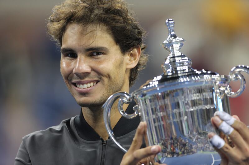 Rafael Nadal, Spain, with the winning trophy after beating Novak Djokovic, Serbia, during the Men's Singles Final at the US Open, Flushing. New York, USA. 9th September 2013. Photo Tim Clayton (Photo by Tim Clayton/Corbis via Getty Images)