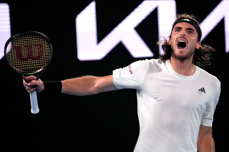 Stefanos Tsitsipas reacts after winning a point. AP 