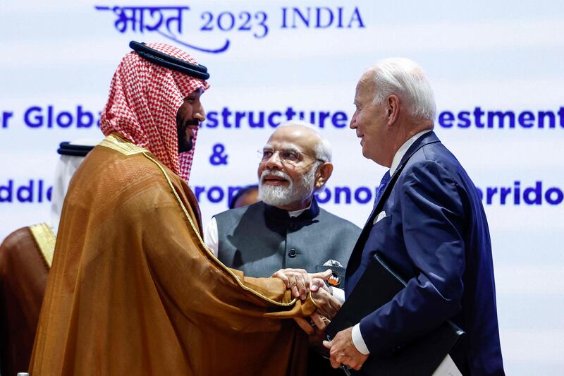 Saudi Arabia's Crown Prince and Prime Minister Mohammed bin Salman, India's Prime Minister Narendra Modi and US President Joe Biden attend a session as part of the G20 Leaders' Summit at the Bharat Mandapam in New Delhi. AFP