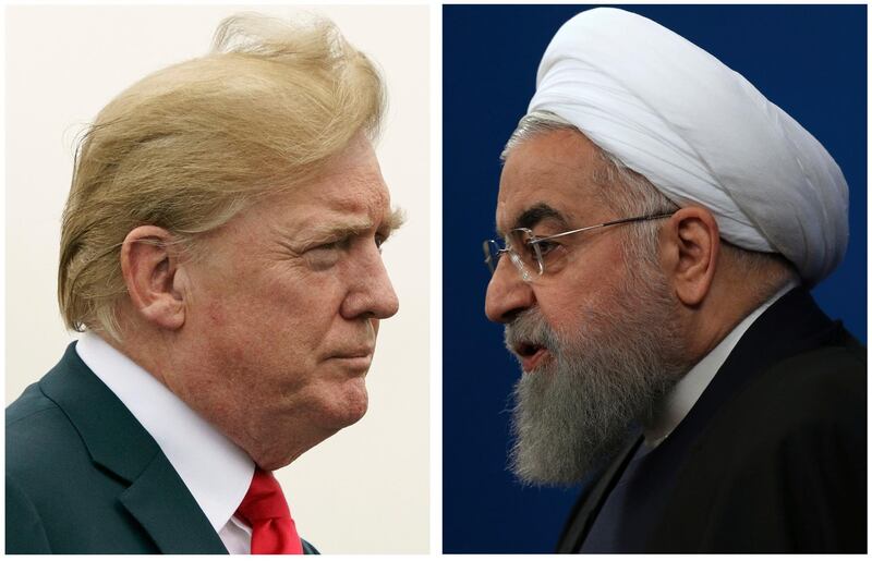 COMBO - This combination of two pictures shows U.S. President Donald Trump, left, on July 22, 2018, and Iranian President Hassan Rouhani on Feb. 6, 2018. In his latest salvo, Trump tweeted late on Sunday, July 22 that hostile threats from Iran could bring dire consequences. This was after Iranian President Rouhani remarked earlier in the day that â€œAmerican must understand well that peace with Iran is the mother of all peace and war with Iran is the mother of all wars.â€ Trump tweeted: â€œNEVER EVER THREATEN THE UNITED STATES AGAIN OR YOU WILL SUFFER CONSEQUENCES THE LIKE OF WHICH FEW THROUGHOUT HISTORY HAVE EVER SUFFERED BEFORE.â€ (AP Photo)