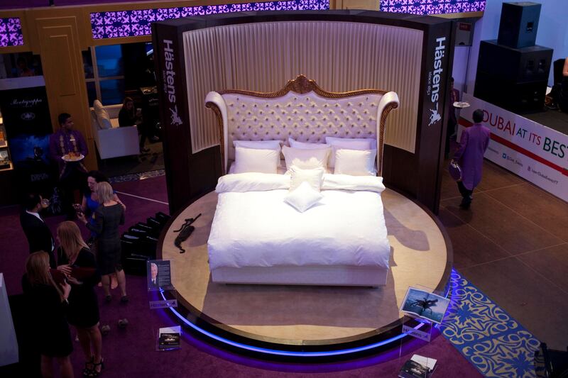 Dubai, United Arab Emirates - January 15 2012 - The world's most luxurious bed made by a Swedish company called Hastens is on display at the World Luxury Expo in Burj Al Arab. The mattress is made out of horse hair that has been treated for 3 years, it is worth Dh390,000.  (Razan Alzayani / The National)