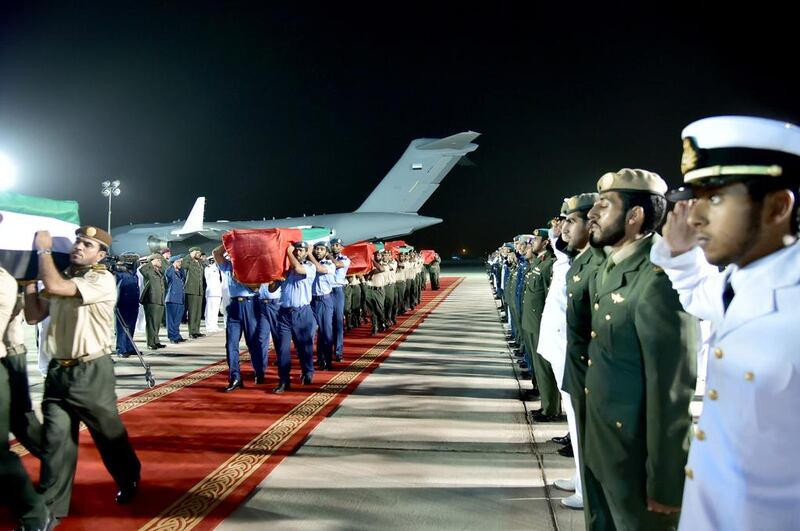 The bodies of the 45 Emirati soldiers who died in a suspected rocket attack at dawn on Friday in Yemen have arrived at Al Bateen Airport.  Wam