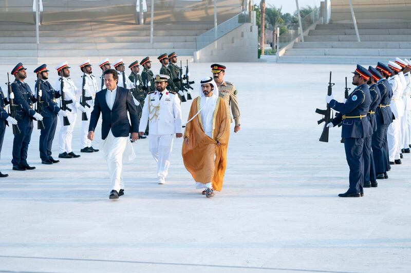 Prime Minister of Pakistan Imran Khan was welcomed by Sheikh Khalifa bin Tahnoun Al Nahyan, Executive Director of the Martyrs' Families' Affairs Office. Wam