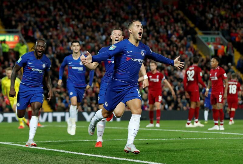 Soccer Football - Carabao Cup - Third Round - Liverpool v Chelsea - Anfield, Liverpool, Britain - September 26, 2018  Chelsea's Eden Hazard celebrates scoring their second goal   Action Images via Reuters/Lee Smith  EDITORIAL USE ONLY. No use with unauthorized audio, video, data, fixture lists, club/league logos or "live" services. Online in-match use limited to 75 images, no video emulation. No use in betting, games or single club/league/player publications.  Please contact your account representative for further details.      TPX IMAGES OF THE DAY