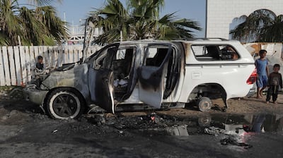 A car used by US-based aid group World Central Kitchen, which was hit by an Israeli strike in Deir Al Balah in the Gaza Strip. AFP 