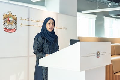 Hessa Buhumaid, Minister of Community Development, speaks to the media at Expo 2020 Dubai. Photo: Ministry of Community Development