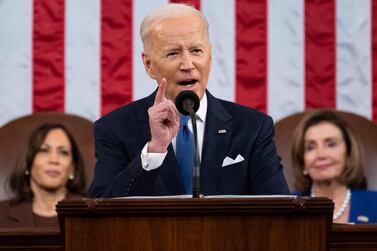 US President Joe Biden delivers his first State of the Union address at the US Capitol in Washington, DC, on March 1, 2022.  (Photo by SAUL LOEB  /  POOL  /  AFP)