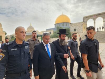 Israeli far-right National Security Minister Itamar Ben-Gvir on a tour of Al Aqsa Mosque compound in Jerusalem's Old City on Sunday. EPA