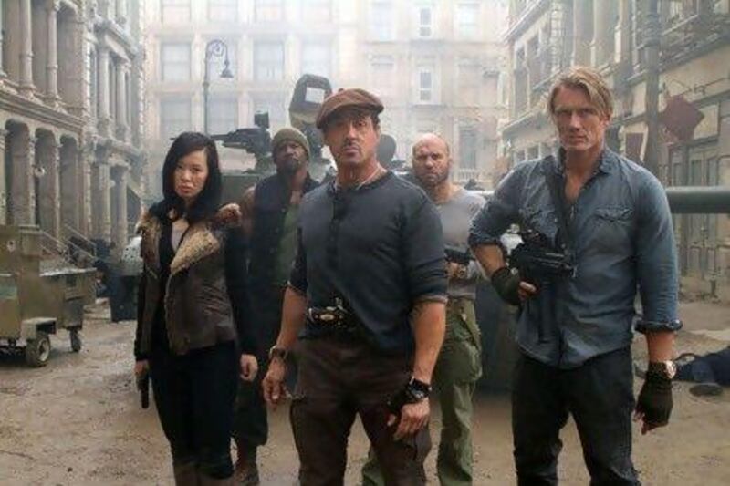 From left, Yu Nan, Terry Crews, Sylvester Stallone, Randy Couture and Dolph Lundgren in a scene from The Expendables 2. Lionsgate-Millennium Films / Frank Masi / AP Photo