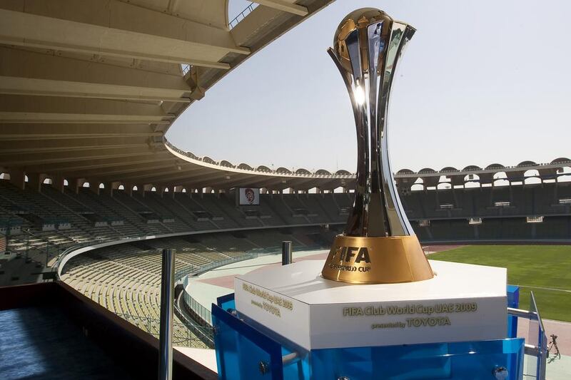 The FIFA Club World Cup UAE 2009 official trophy at Zayed Sports City football stadium. Courtesy Zayed Sports City