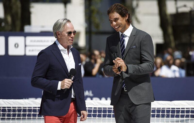 Rafael Nadal speaks with designer Tommy Hilfiger at a promotional tennis event in New York City on Tuesday. Justin Lane / EPA