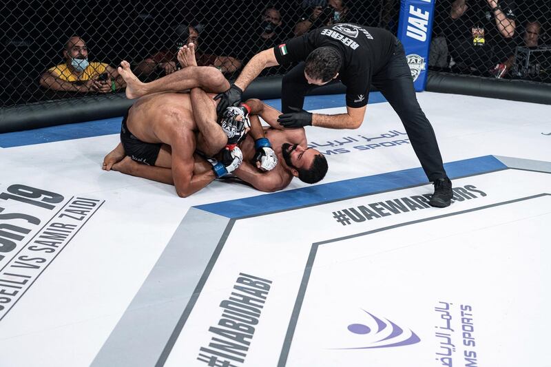 Abdullah Mohammad Ali Musalim has Omar Emad held in a triangle choke in the UAE Warriors 19 Arabia 3 at the Jiu-Jitsu Arena on Friday, June 18, 2021. Courtesy UAE Warriors