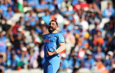 India's Mohammed Shami celebrates after taking the last wicket of the game West Indies' Oshane Thomas during the Cricket World Cup match between India and West Indies at Old Trafford in Manchester, England, Thursday, June 27, 2019. (AP Photo/Jon Super)