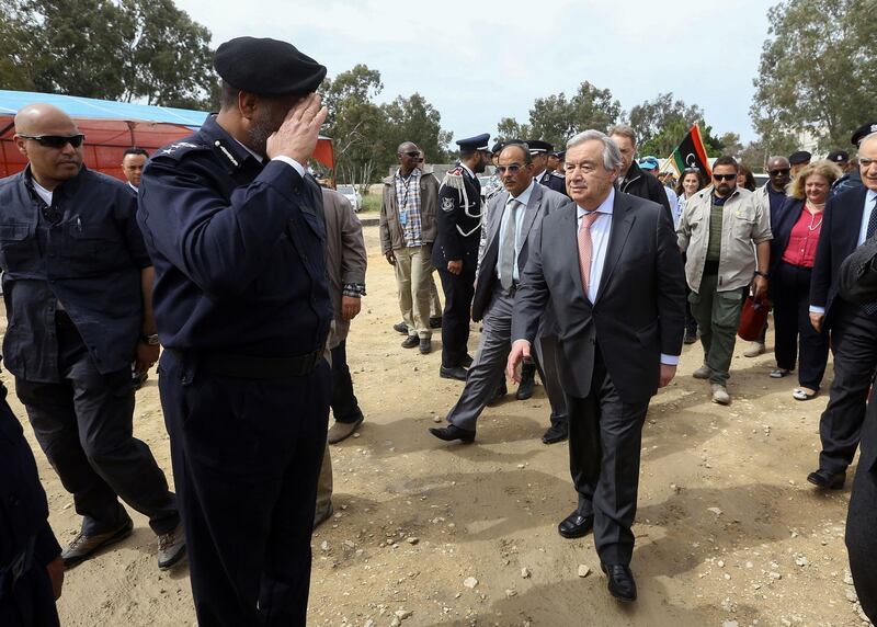 United Nations Secretary-General Antonio Guterres visits Ain Zara detention centre for migrants in the Libyan capital Tripoli on April 4, 2019. AFP