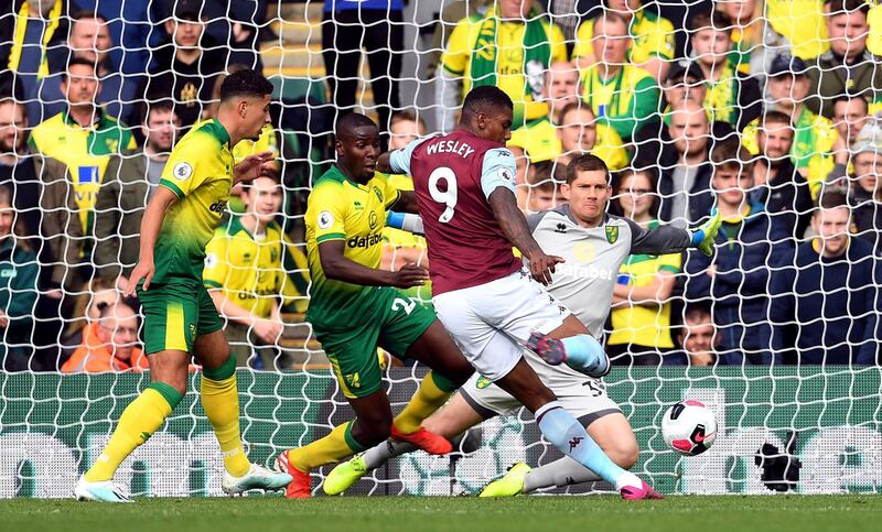 Aston Villa's Wesley scores his side's first goal. PA via AP