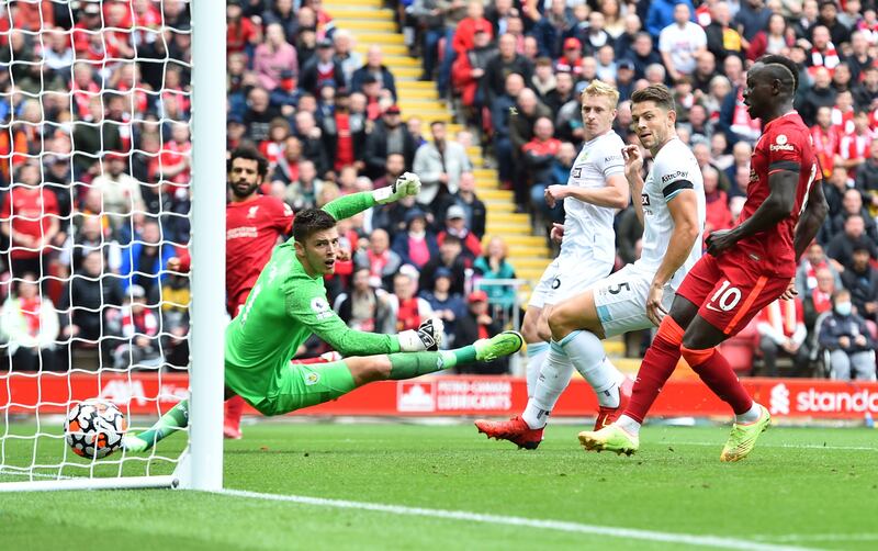 Mohamed Salah  scores a goal that was later disallowed by VAR. EPA