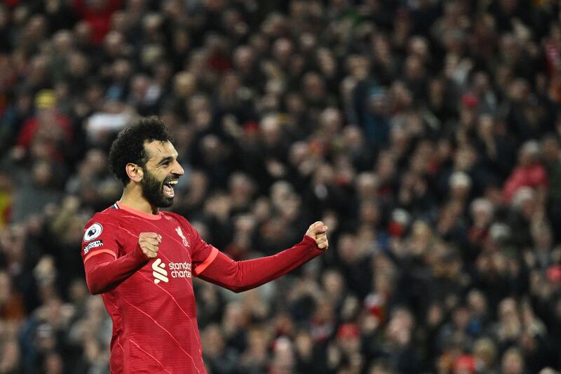 Mohamed Salah celebrates after scoring Liverpool's fourth goal. AFP