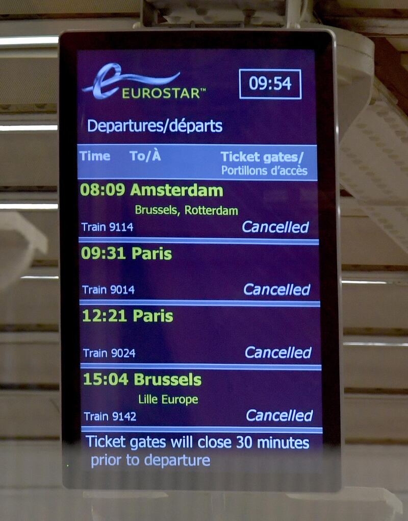 epa08897545 A screen showing cancellations at the Eurostar terminal at Kings Cross St.Pancras train station in London, Britain, 21 December 2020. France has become the latest country to ban air and rail travel from the UK following news of the new variant Covid-19 that has spread rapidly across London and south-east England. Most of the countries in the EU have suspended flights to and from the UK in the light of this mutated coronavirus strain.  EPA/FACUNDO ARRIZABALAGA