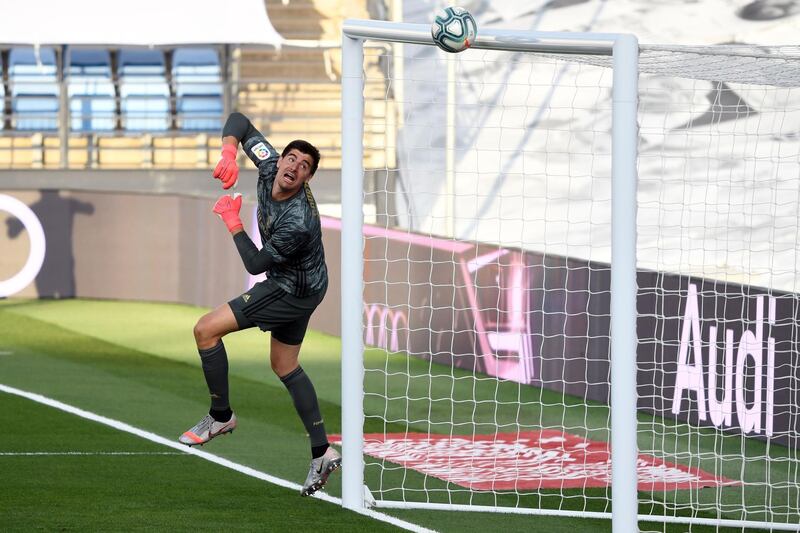 Real Madrid goalkeeper Thibaut Courtois watches Eibar go close to scoring. AFP