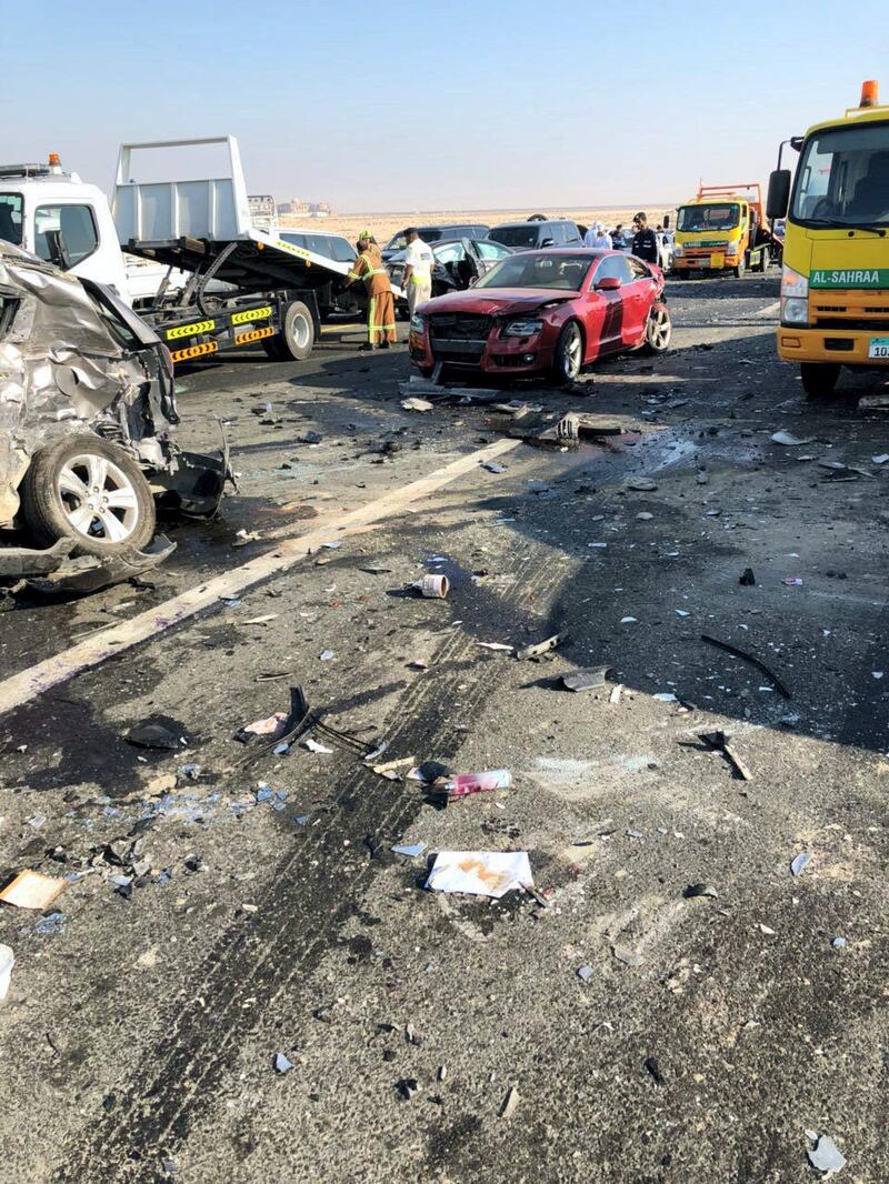 Forty-four vehicles were involved in the collision on Sheikh Mohammed bin Rashid Road. Courtesy Abu Dhabi Police