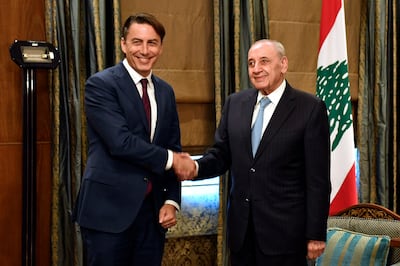 Lebanese Parliament Speaker Nabih Berri shakes hands with US official Amos Hochstein in Beirut earlier in the week. EPA