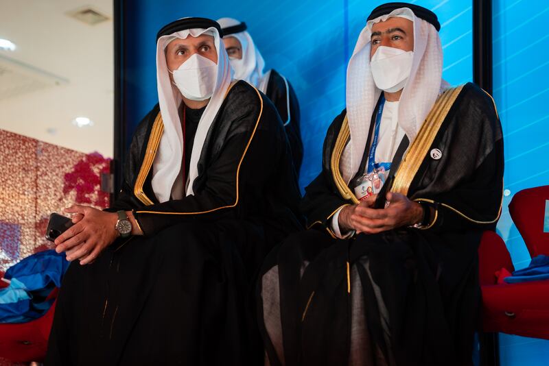 Khaldoon Khalifa Al Mubarak, Member of the Abu Dhabi Executive Council and Chairman of Abu Dhabi Executive Affairs Authority, left, and Ali Obaid Al Dhaheri, the UAE's ambassador to China, attend the ceremony.