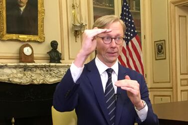 Brian Hook , the US special envoy for Iran, gestures during an interview in Paris, Thursday, June 27, 2019. AP