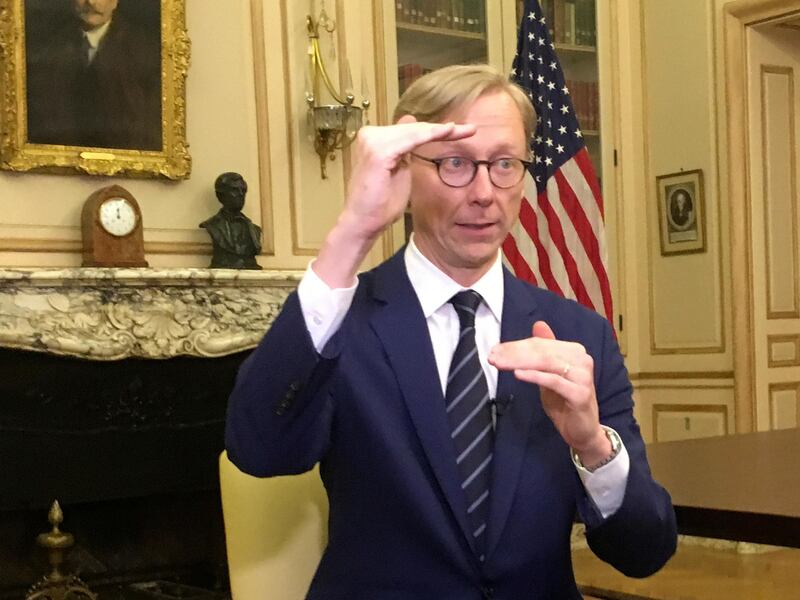 Brian Hook , the U.S. special envoy for Iran, gestures during an interview in Paris, Thursday, June 27, 2019. Brian Hook is meeting with top French, German and British diplomats in Paris for talks on the Persian Gulf crisis at a time when European powers are trying to save the 2015 nuclear deal with Tehran. (AP Photo/Nicolas Garriga)