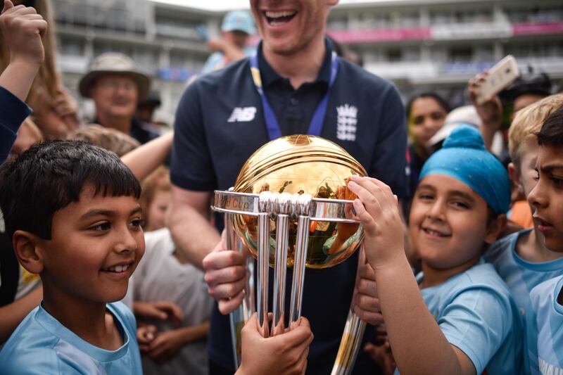 Eoin Morgan, Captain, shows off the World Cup trophy during the England ICC World Cup Victory Celebration at The Kia Oval in London, England. Getty Images