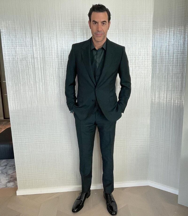 Sacha Baron Cohen was styled by Ilaria Urbinati and wore all-black custom Dolce and Gabanna to attend the 78th annual Golden Globe Awards from home on February 28, 2021. Instagram / Ilaria Urbinati