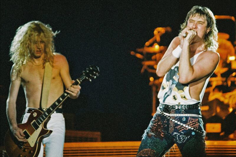 Guitarist Steve Clark and singer Joe Elliott of Def Leppard at London's Wembley Arena in 1988 during the 'Hysteria' world tour. Photo: Pete Still / Redferns