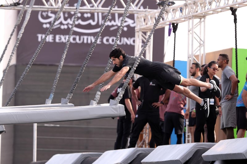 Dubai, United Arab Emirates - March 04, 2019: Sheikh Hamdan bin Mohammed takes part in the men's heats of the Goverment Games 2019. Thursday the 4th of April 2019. Kite Beach, Dubai. Chris Whiteoak / The National